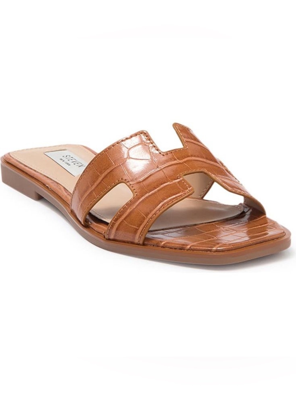 STEVEN New York Harlien Brown Croc Embossed Slide Sandals Square Toe
